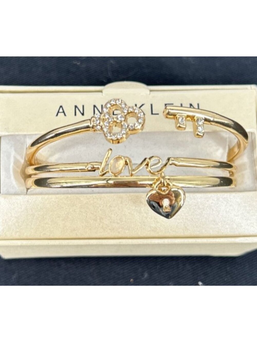 Anne Klein Crystal Gold Tone Bangle Bracelet 3 piece Set 8"